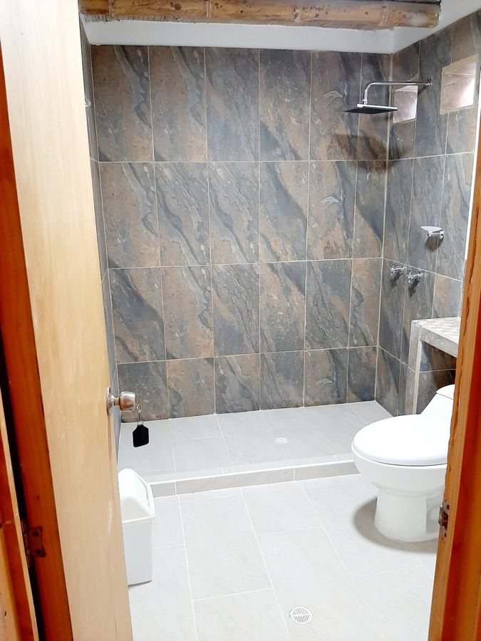 Baño enchapado en piedra con ducha tipo lluvia